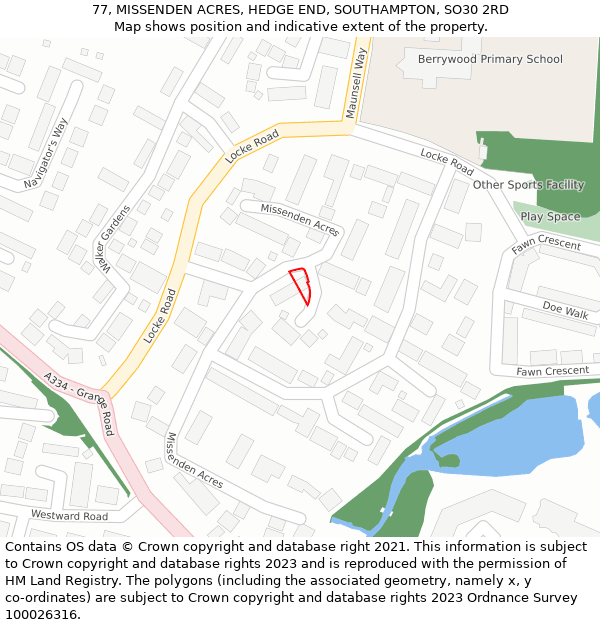 77, MISSENDEN ACRES, HEDGE END, SOUTHAMPTON, SO30 2RD: Location map and indicative extent of plot