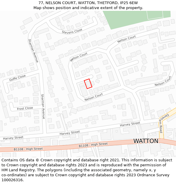 77, NELSON COURT, WATTON, THETFORD, IP25 6EW: Location map and indicative extent of plot