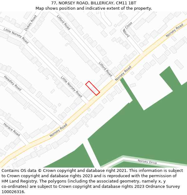77, NORSEY ROAD, BILLERICAY, CM11 1BT: Location map and indicative extent of plot