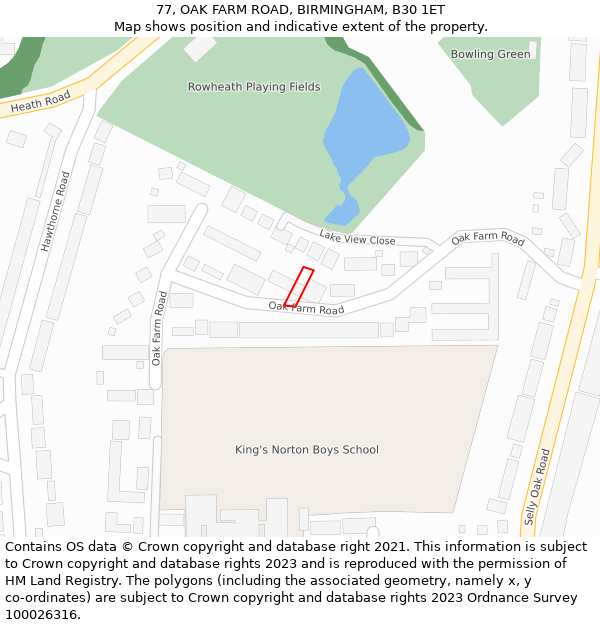 77, OAK FARM ROAD, BIRMINGHAM, B30 1ET: Location map and indicative extent of plot