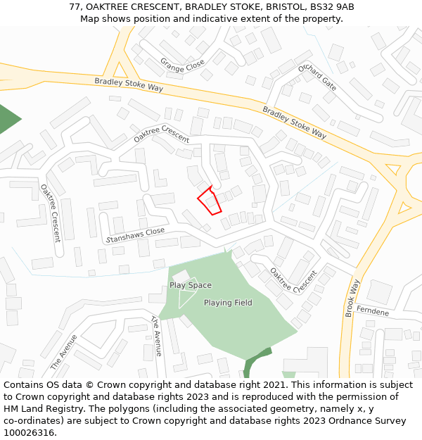 77, OAKTREE CRESCENT, BRADLEY STOKE, BRISTOL, BS32 9AB: Location map and indicative extent of plot