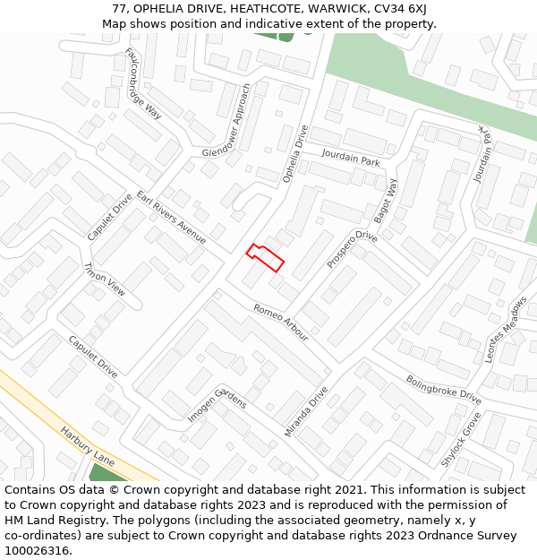 77, OPHELIA DRIVE, HEATHCOTE, WARWICK, CV34 6XJ: Location map and indicative extent of plot