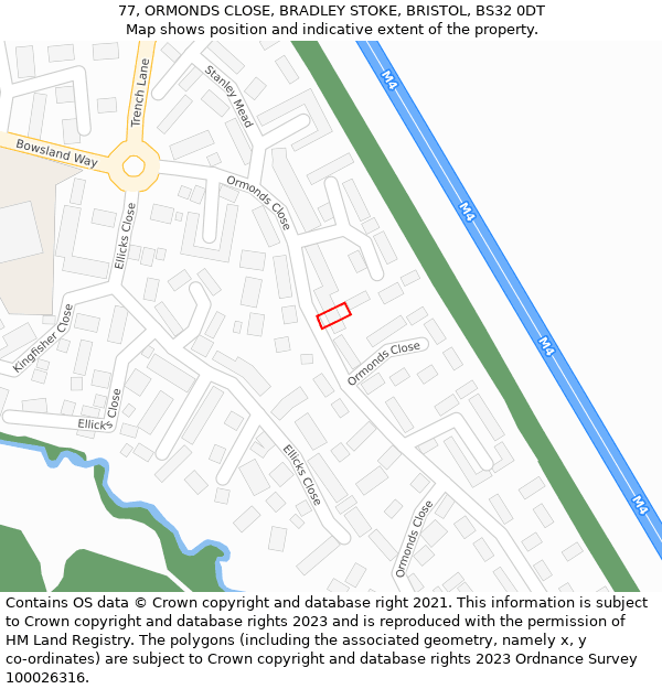 77, ORMONDS CLOSE, BRADLEY STOKE, BRISTOL, BS32 0DT: Location map and indicative extent of plot