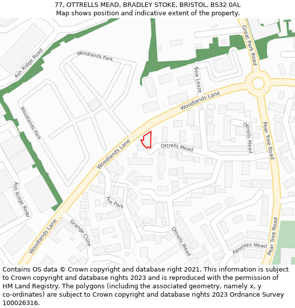 77, OTTRELLS MEAD, BRADLEY STOKE, BRISTOL, BS32 0AL: Location map and indicative extent of plot