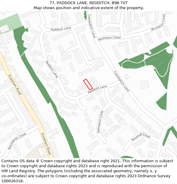 77, PADDOCK LANE, REDDITCH, B98 7XT: Location map and indicative extent of plot