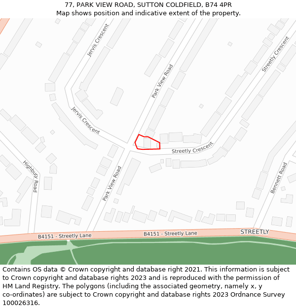 77, PARK VIEW ROAD, SUTTON COLDFIELD, B74 4PR: Location map and indicative extent of plot