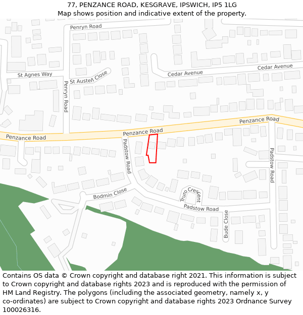 77, PENZANCE ROAD, KESGRAVE, IPSWICH, IP5 1LG: Location map and indicative extent of plot