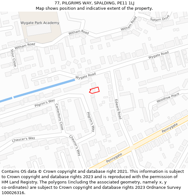 77, PILGRIMS WAY, SPALDING, PE11 1LJ: Location map and indicative extent of plot