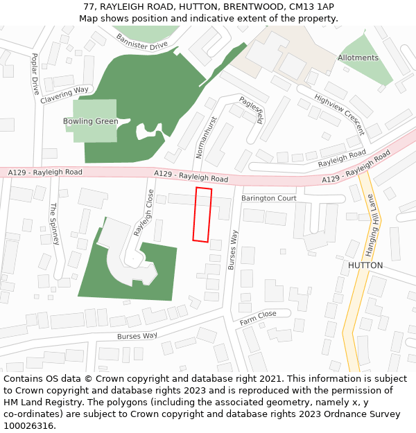 77, RAYLEIGH ROAD, HUTTON, BRENTWOOD, CM13 1AP: Location map and indicative extent of plot