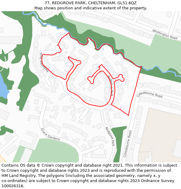 77, REDGROVE PARK, CHELTENHAM, GL51 6QZ: Location map and indicative extent of plot