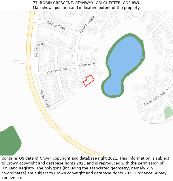 77, ROBIN CRESCENT, STANWAY, COLCHESTER, CO3 8WU: Location map and indicative extent of plot