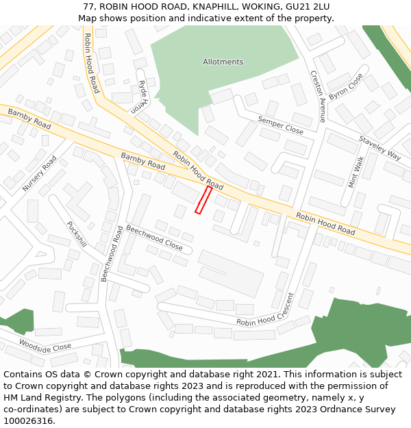 77, ROBIN HOOD ROAD, KNAPHILL, WOKING, GU21 2LU: Location map and indicative extent of plot