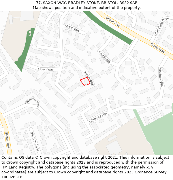 77, SAXON WAY, BRADLEY STOKE, BRISTOL, BS32 9AR: Location map and indicative extent of plot