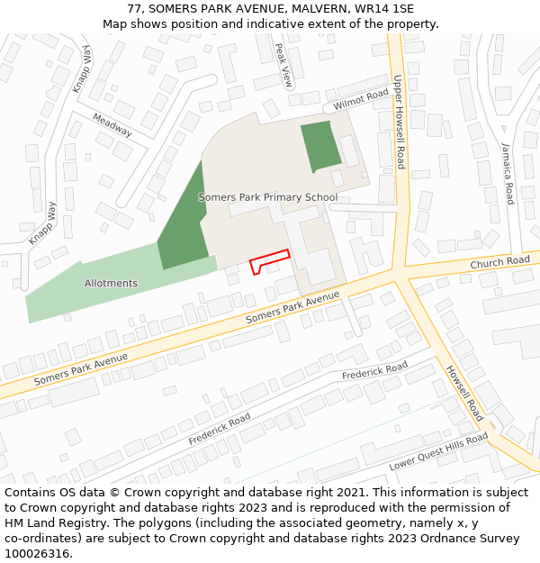 77, SOMERS PARK AVENUE, MALVERN, WR14 1SE: Location map and indicative extent of plot