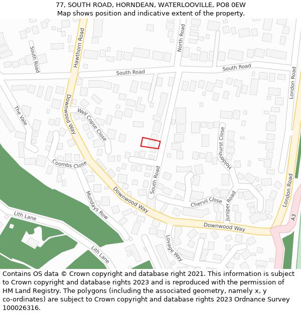 77, SOUTH ROAD, HORNDEAN, WATERLOOVILLE, PO8 0EW: Location map and indicative extent of plot