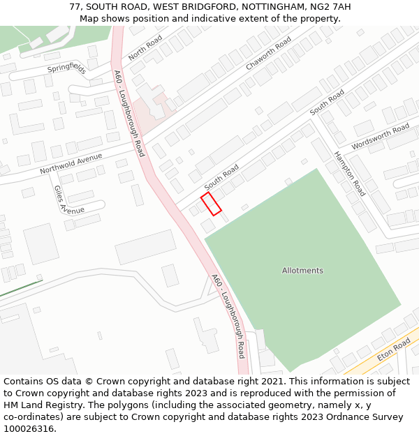 77, SOUTH ROAD, WEST BRIDGFORD, NOTTINGHAM, NG2 7AH: Location map and indicative extent of plot
