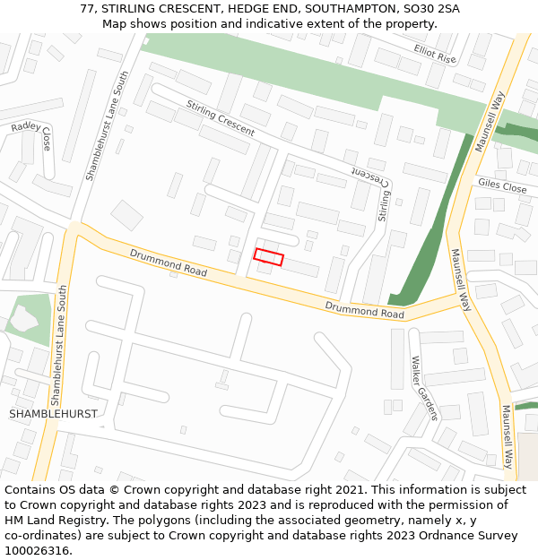 77, STIRLING CRESCENT, HEDGE END, SOUTHAMPTON, SO30 2SA: Location map and indicative extent of plot