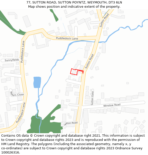 77, SUTTON ROAD, SUTTON POYNTZ, WEYMOUTH, DT3 6LN: Location map and indicative extent of plot