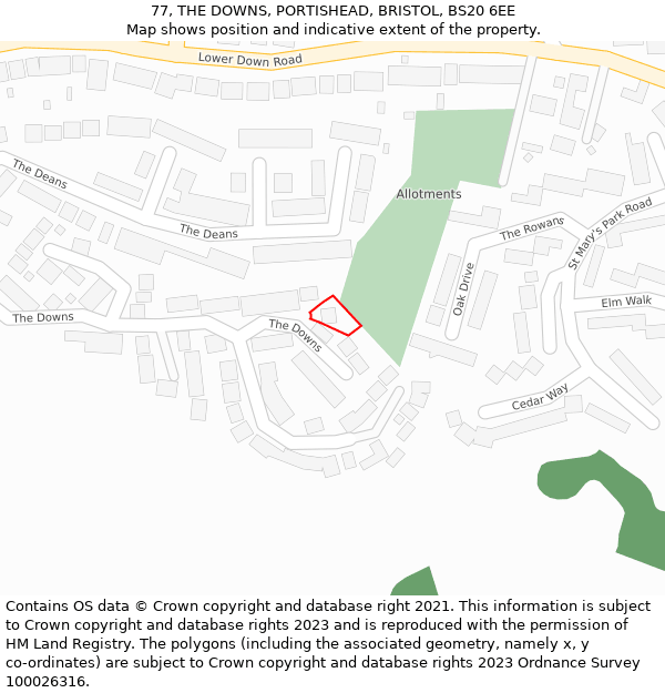 77, THE DOWNS, PORTISHEAD, BRISTOL, BS20 6EE: Location map and indicative extent of plot