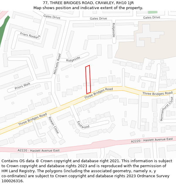 77, THREE BRIDGES ROAD, CRAWLEY, RH10 1JR: Location map and indicative extent of plot