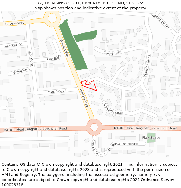 77, TREMAINS COURT, BRACKLA, BRIDGEND, CF31 2SS: Location map and indicative extent of plot