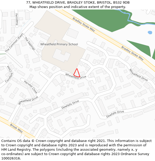 77, WHEATFIELD DRIVE, BRADLEY STOKE, BRISTOL, BS32 9DB: Location map and indicative extent of plot