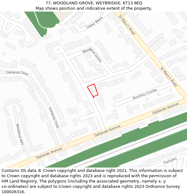 77, WOODLAND GROVE, WEYBRIDGE, KT13 9EQ: Location map and indicative extent of plot