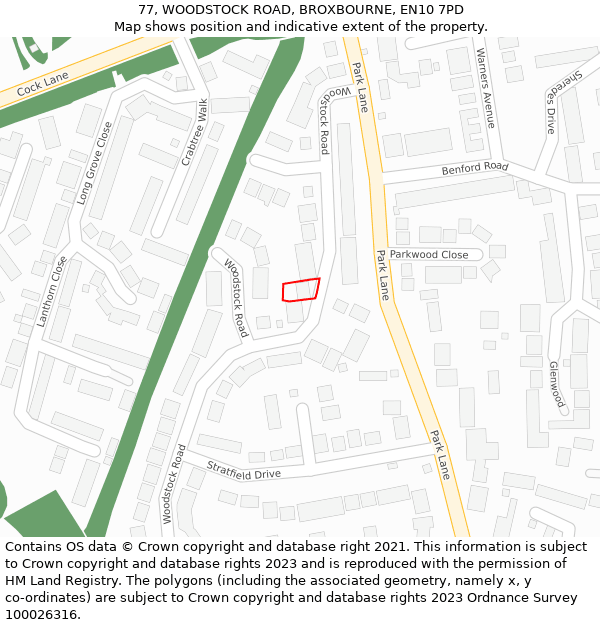 77, WOODSTOCK ROAD, BROXBOURNE, EN10 7PD: Location map and indicative extent of plot
