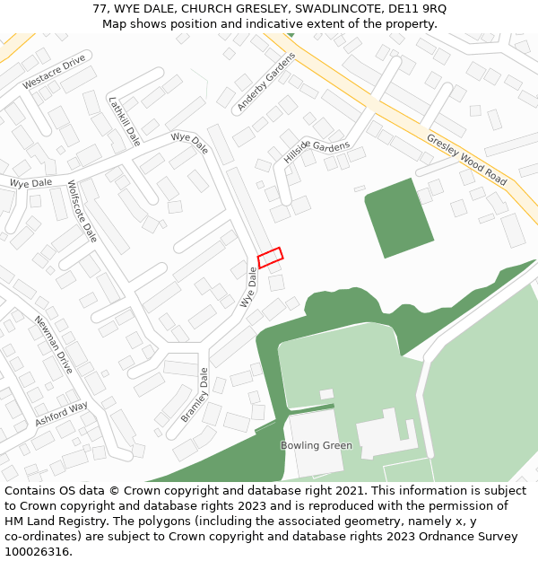 77, WYE DALE, CHURCH GRESLEY, SWADLINCOTE, DE11 9RQ: Location map and indicative extent of plot