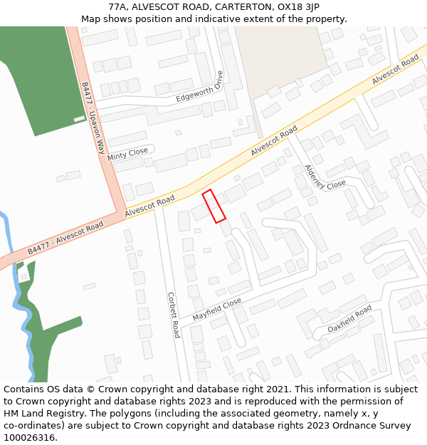 77A, ALVESCOT ROAD, CARTERTON, OX18 3JP: Location map and indicative extent of plot