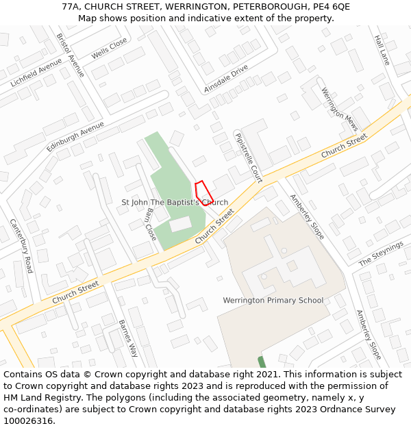 77A, CHURCH STREET, WERRINGTON, PETERBOROUGH, PE4 6QE: Location map and indicative extent of plot