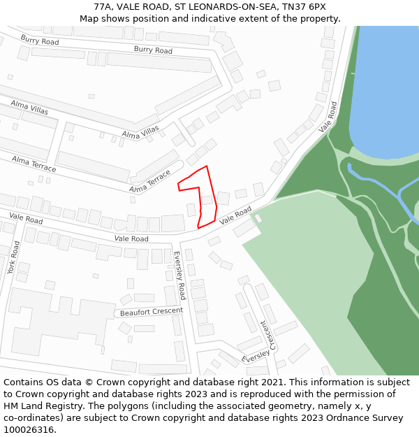 77A, VALE ROAD, ST LEONARDS-ON-SEA, TN37 6PX: Location map and indicative extent of plot