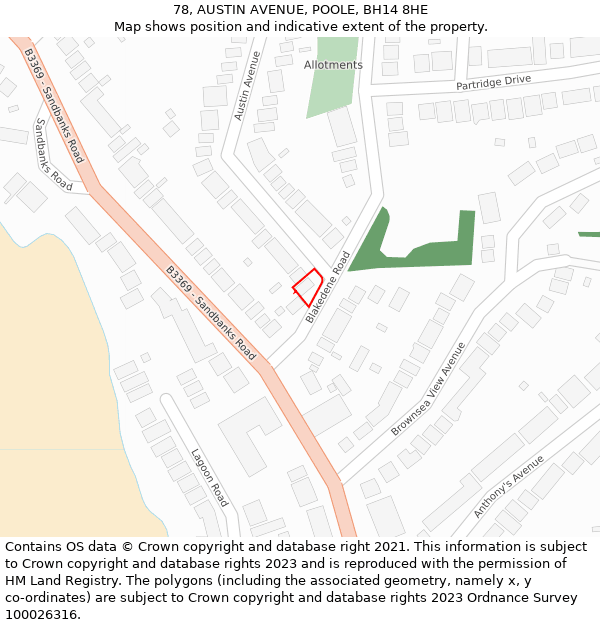 78, AUSTIN AVENUE, POOLE, BH14 8HE: Location map and indicative extent of plot