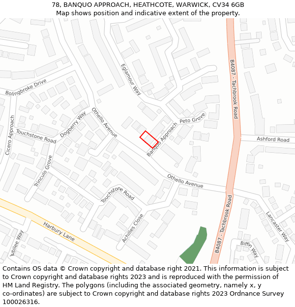 78, BANQUO APPROACH, HEATHCOTE, WARWICK, CV34 6GB: Location map and indicative extent of plot