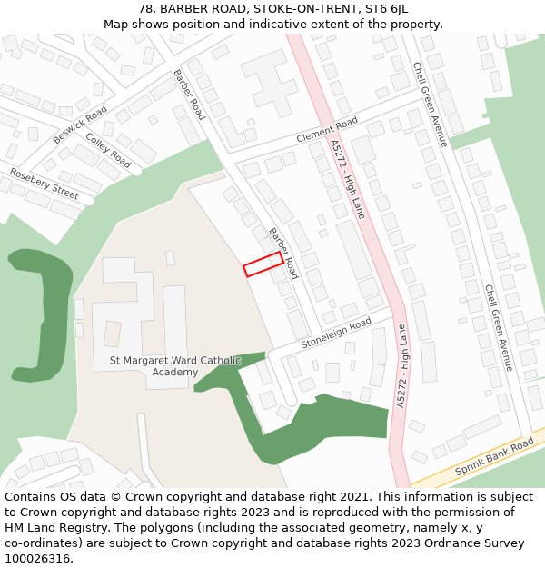78, BARBER ROAD, STOKE-ON-TRENT, ST6 6JL: Location map and indicative extent of plot