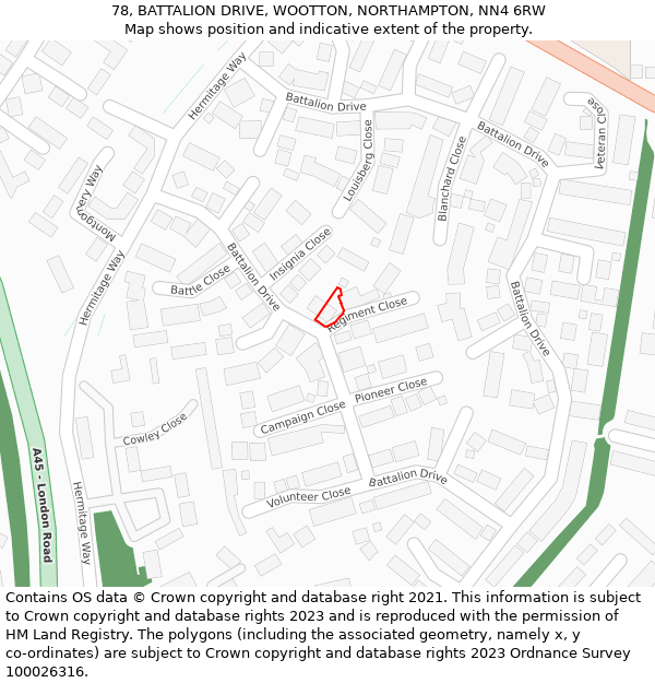 78, BATTALION DRIVE, WOOTTON, NORTHAMPTON, NN4 6RW: Location map and indicative extent of plot