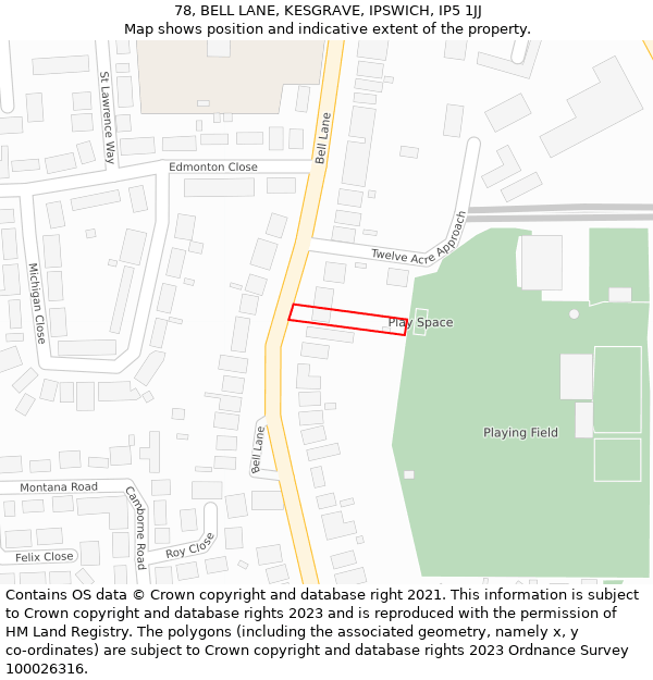 78, BELL LANE, KESGRAVE, IPSWICH, IP5 1JJ: Location map and indicative extent of plot