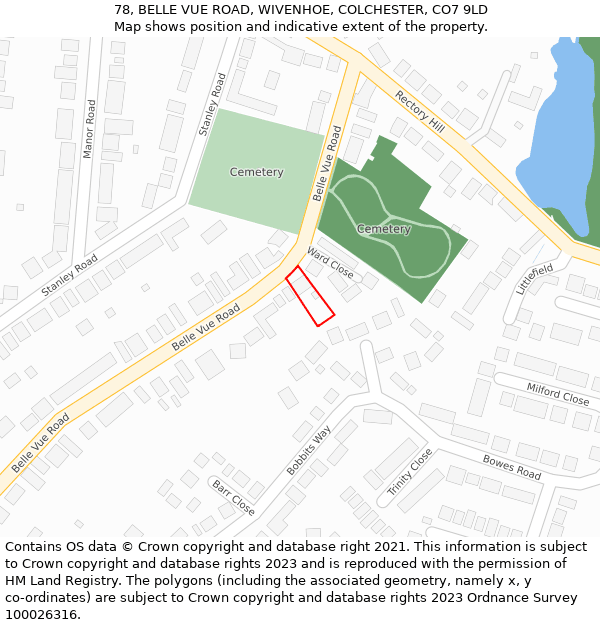 78, BELLE VUE ROAD, WIVENHOE, COLCHESTER, CO7 9LD: Location map and indicative extent of plot