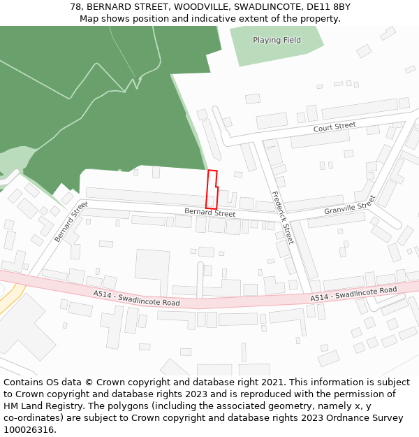 78, BERNARD STREET, WOODVILLE, SWADLINCOTE, DE11 8BY: Location map and indicative extent of plot