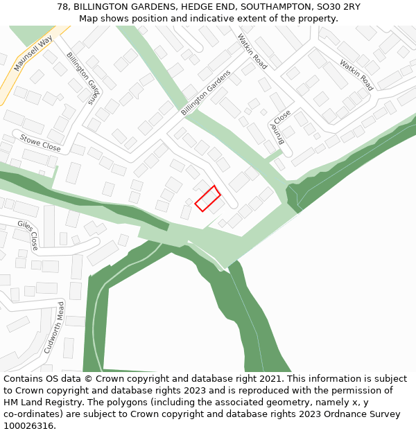 78, BILLINGTON GARDENS, HEDGE END, SOUTHAMPTON, SO30 2RY: Location map and indicative extent of plot