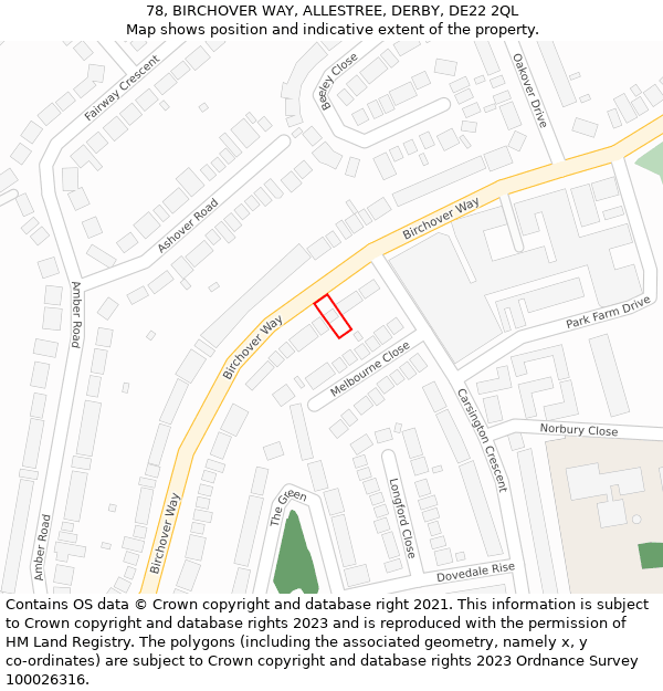 78, BIRCHOVER WAY, ALLESTREE, DERBY, DE22 2QL: Location map and indicative extent of plot