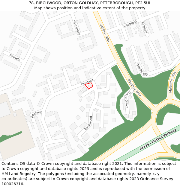 78, BIRCHWOOD, ORTON GOLDHAY, PETERBOROUGH, PE2 5UL: Location map and indicative extent of plot