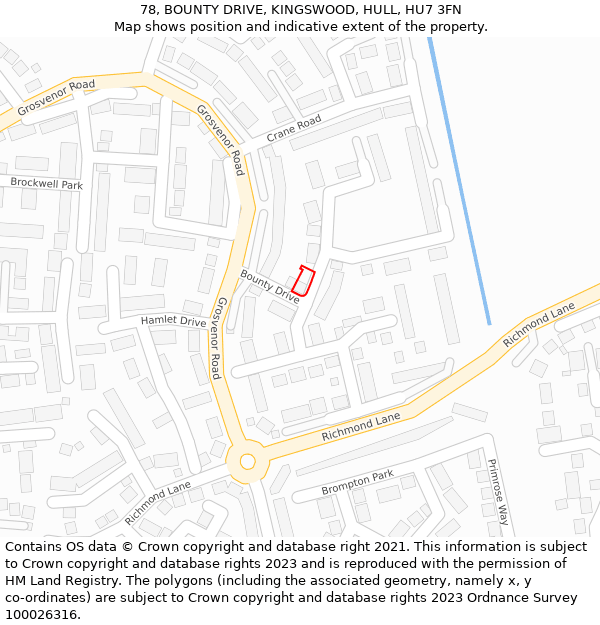 78, BOUNTY DRIVE, KINGSWOOD, HULL, HU7 3FN: Location map and indicative extent of plot