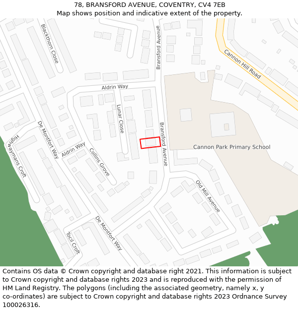 78, BRANSFORD AVENUE, COVENTRY, CV4 7EB: Location map and indicative extent of plot