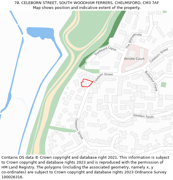 78, CELEBORN STREET, SOUTH WOODHAM FERRERS, CHELMSFORD, CM3 7AF: Location map and indicative extent of plot