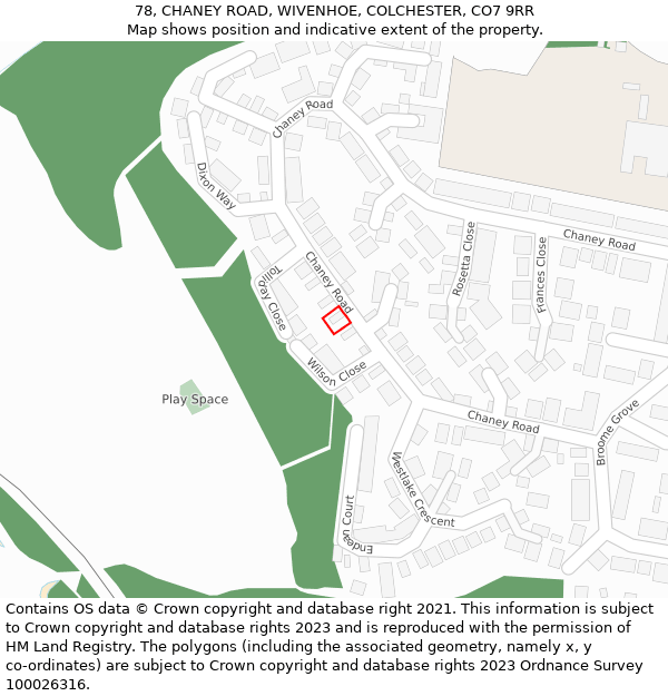 78, CHANEY ROAD, WIVENHOE, COLCHESTER, CO7 9RR: Location map and indicative extent of plot