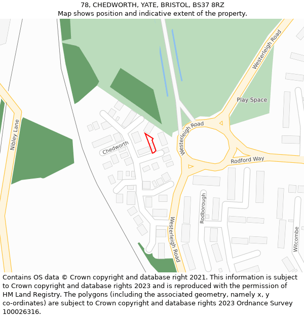 78, CHEDWORTH, YATE, BRISTOL, BS37 8RZ: Location map and indicative extent of plot