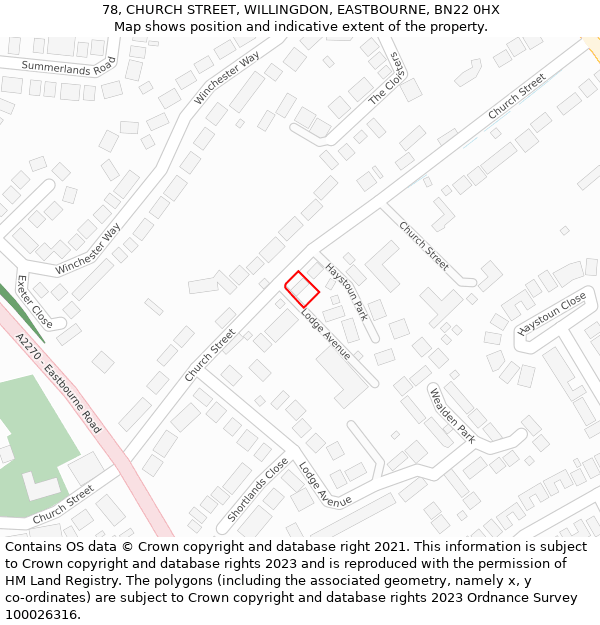 78, CHURCH STREET, WILLINGDON, EASTBOURNE, BN22 0HX: Location map and indicative extent of plot
