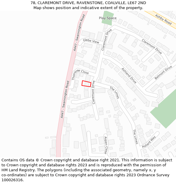 78, CLAREMONT DRIVE, RAVENSTONE, COALVILLE, LE67 2ND: Location map and indicative extent of plot