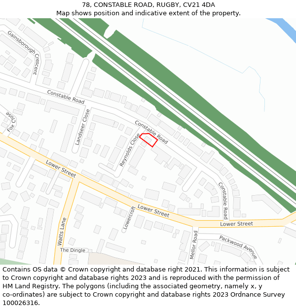 78, CONSTABLE ROAD, RUGBY, CV21 4DA: Location map and indicative extent of plot